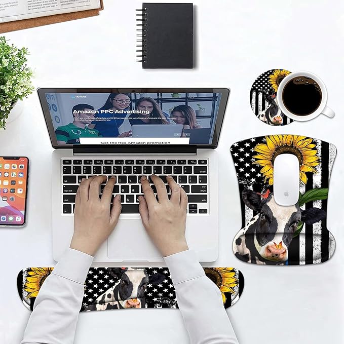 Keyboard Wrist Rest and Mouse Pad Wrist Support Set with Coasters, Non-Slip PU Base Ergonomic Mousepad for Computer Laptop Home Office Easy Typing & Pain Relief, American Flag Sunflower and Cow