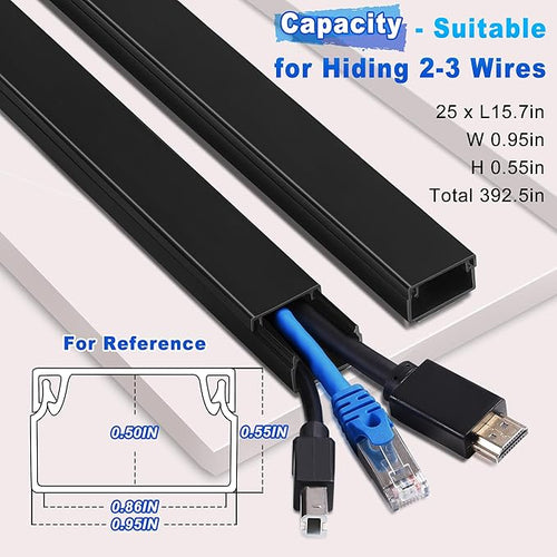 392.5in Wire Covers for Cords Kit-Black Cord Cover Wall, Wire Hiders for TV on Wall, TV Cable Hider Wall Kit for Wire Cover, Cord Hider Wall Mounted TV, Cord Concealer, 25 x L15.7 W 0.95H 0.55in
