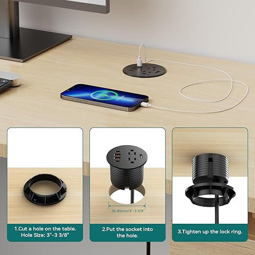 QBA Recessed Power Grommet with USB Data Transfer, Desk Charging Station with USB-C 35W，2 AC Outlets, 3 Inch Flush Mount Power Outlet for Home Office Furniture