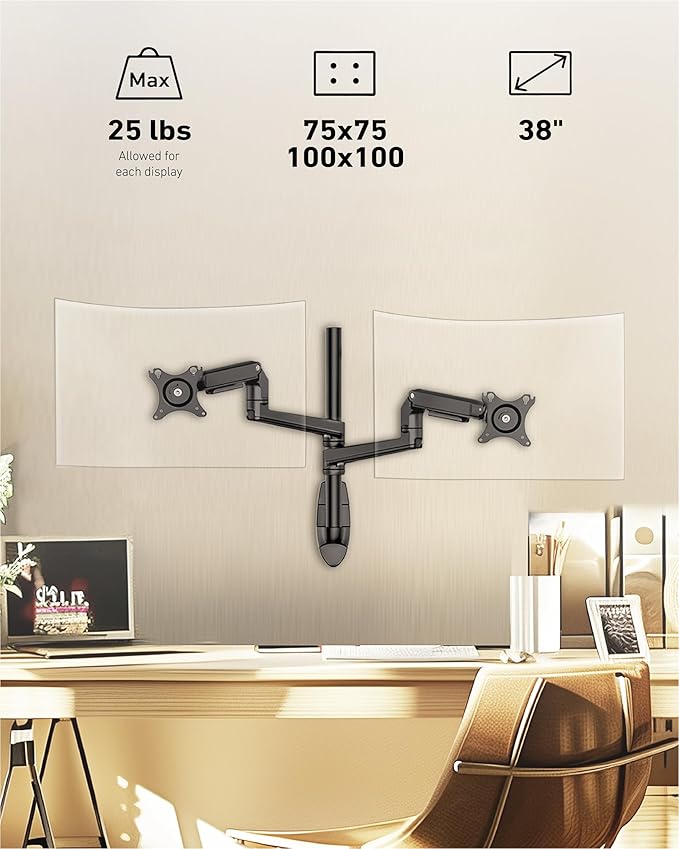 Dual Monitor Wall Mount for Flat or Curved Screens up to 38" Within 25 lbs, Adjustable Monitor Arm with Cable Management, VESA 75x75/100x100mm Monitor Mount for 2 Monitors, Black