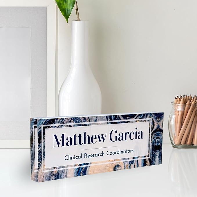 Customized Clear Acrylic Thick 8x3" Desk Name Plate Block with Personalized Logo - Professional Office Decor - Customized Acrylic Plate Gift for Teacher Co-workers, Christmas Gifts for Her, Thanksgiving Gifts (Turquoise Shine Marble)