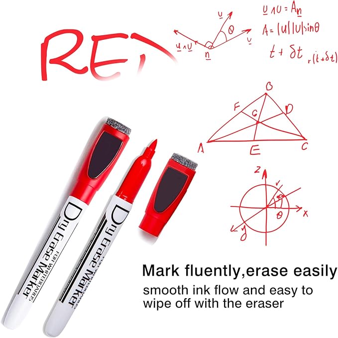 Volcanics Magnetic Dry Erase Markers With Eraser Cap Low Odor Fine Tip Whiteboard Pens Whiteboard Markers, Pack of 12, Red