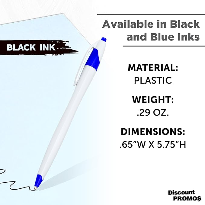 DISCOUNT PROMOS Slim Curvy Ballpoint Pens Set of 10, Bulk Pack - Black Ink, Retractable, Great for Office, School, Tradeshows - Blue Black