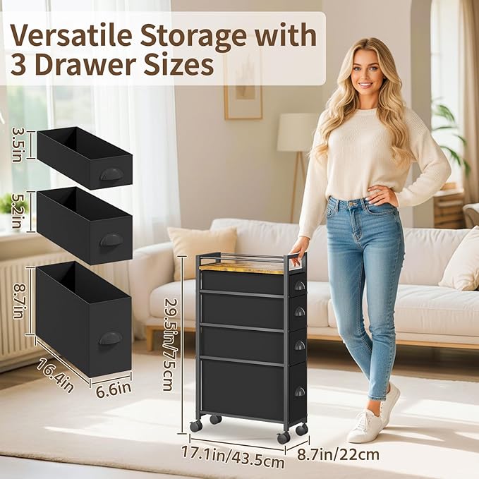 LASZOLA 4 Drawer Narrow Dresser Slim Cabinet Skinny Storage Tower Chest, Ideal for Small Spaces Bathroom Bedroom, Between Washer and Dryer, Lightweight Mobile on Wheels, Sturdy Fabric Drawers, Black