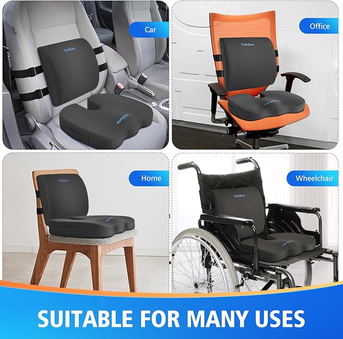Seat Cushion, Lumbar Support Pillow with Adjustable Strap-Chair Cushions for Sciatica Pain Relief-with Washable Cover Memory Foam for Car, Travel and Wheelchair-Gray X-Large