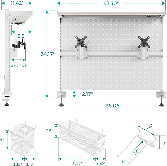 EUREKA ERGONOMIC Desk Pegboard with Dual Monitor Stands, LED Metal Pegboard for Gaming Desk, Privacy Panel with 4 Accessories Modular Hanging, Computer Accessories for Office, 43 x 34 Inch, White