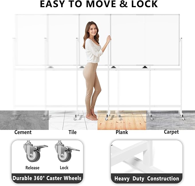 Large Rolling Whiteboard on Wheels, 48" x 36" Double-Sided Mobile White Board with Stand, 4' x 3' Portable Standing Magnetic Dry Erase Board Easel for Home Office Classroom School, Silver