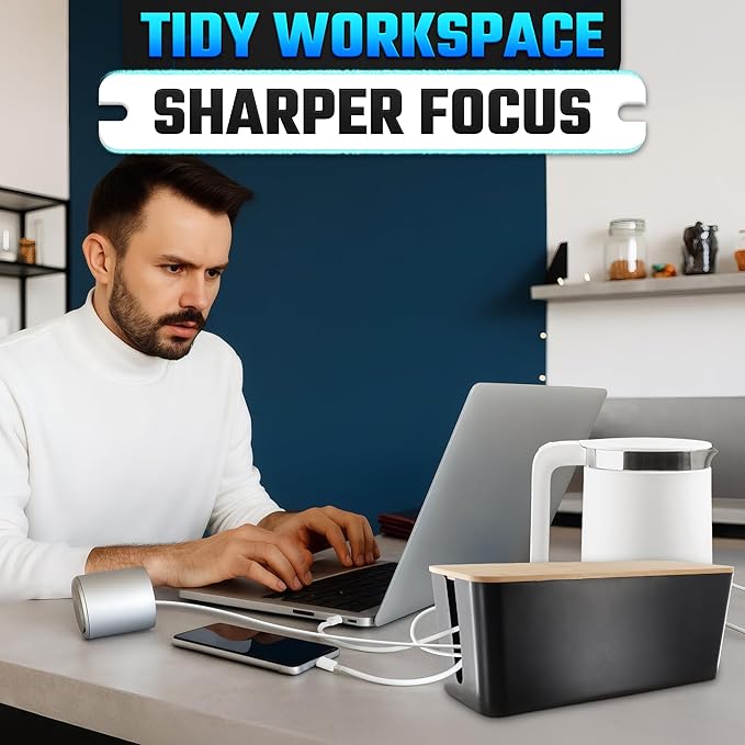 Cord Management Box Set – 2 Pack Cable Organizer Box to Hide Cords and Power Strip Kit with Clips, Reusable Ties & Sleeve – Functional, Modern Design | Medium & Large Sizes for Home & Office Use