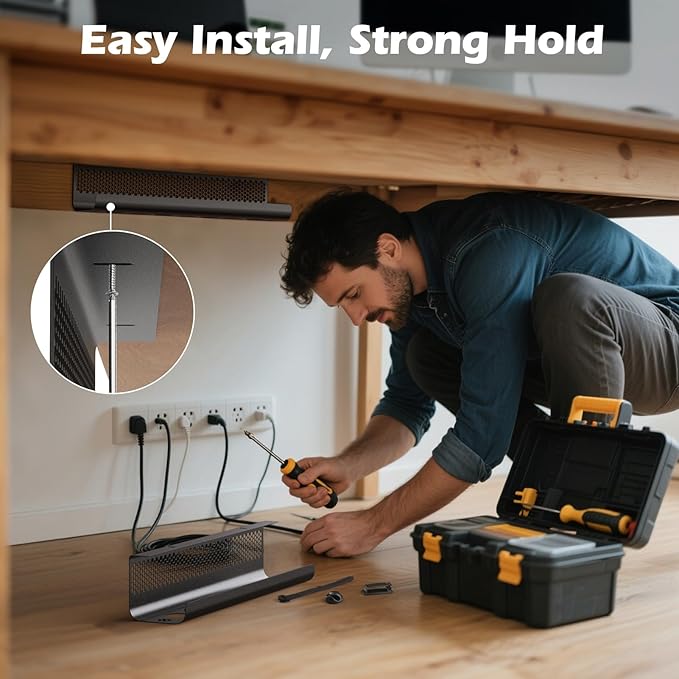 KHAMAL Cable Management Under Desk 26PCS - Cable Management Tray Kit Ventilated Hexagonal Design with Cable Clips, Wire Ties, Cord Holder & Screws for Office, Home (Black)