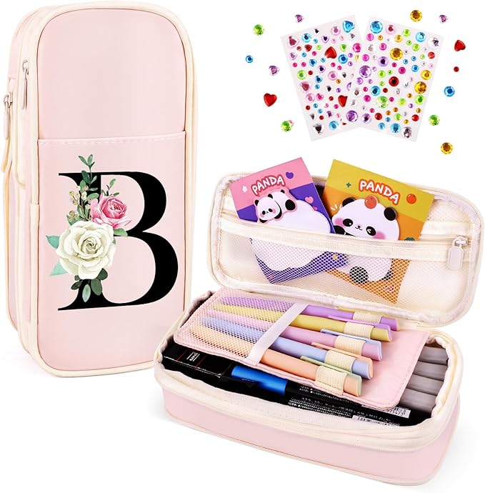 Preppy Pencil Case for Girls, Cute Large Pencil Pouch, Personalized Initial Pencil Bag with Zipper for School College Office Supplies, Back to School Supplies Gifts for Teen Girls (B, Pink)