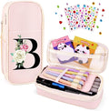 Preppy Pencil Case for Girls, Cute Large Pencil Pouch, Personalized Initial Pencil Bag with Zipper for School College Office Supplies, Back to School Supplies Gifts for Teen Girls (B, Pink)