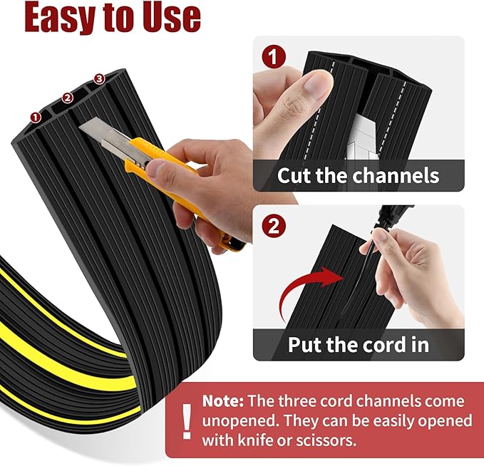 6 FT Floor Cable Cover, Cord Covers for Wires on Floor, Heavy Duty PVC Duct Extension Wire Covers, 3 Channels Cord Hider Floor Cable Management for Indoor Outdoor, Black