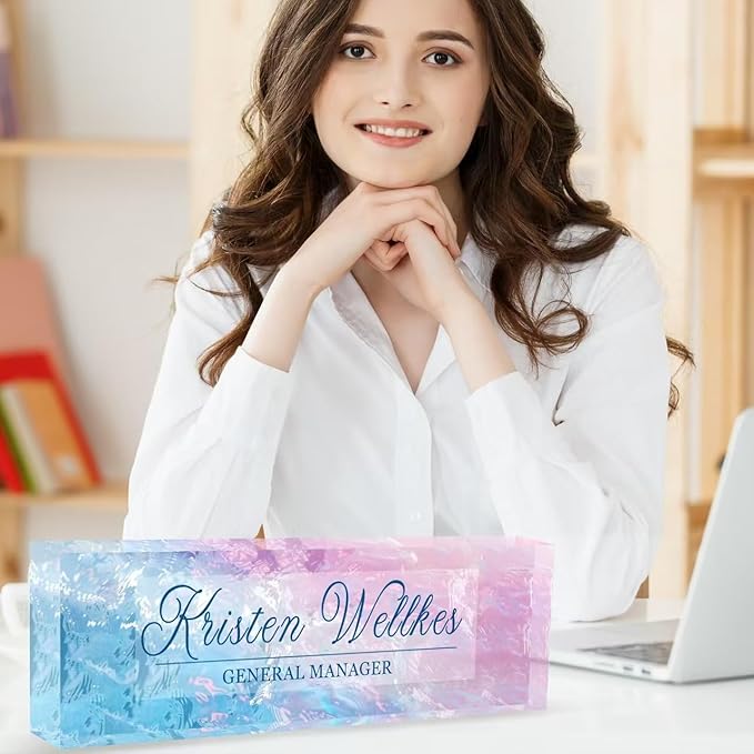 Custom Desk Name Plate Personalized, Acrylic Name Plates for Desk, Office Decor Personalized Gifts for Teacher Coworkers Boss Nurse (Blue Pink Glass)