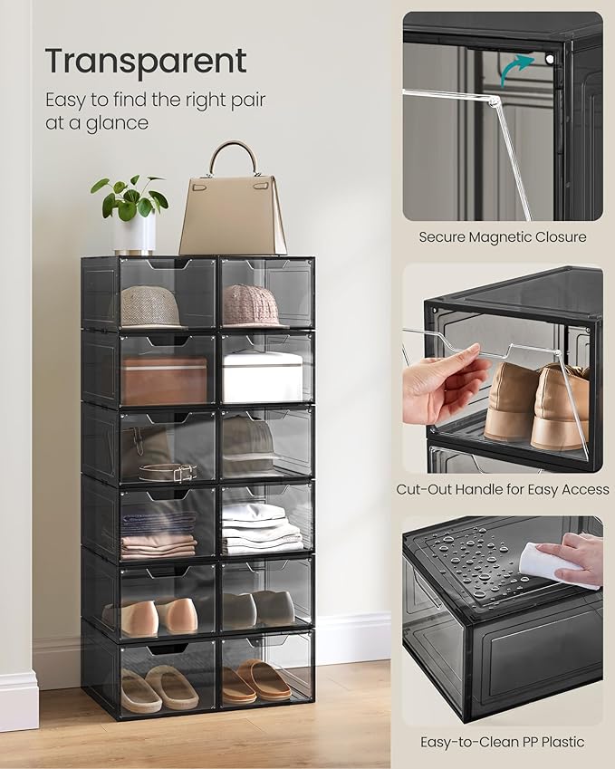 SONGMICS Shoe Boxes, Clear Shoe Organizers, Set of 12, Plastic Shoe Storage with Clear Door, Easy Assembly, up to US Size 13, Transparent Black ULSP032B12