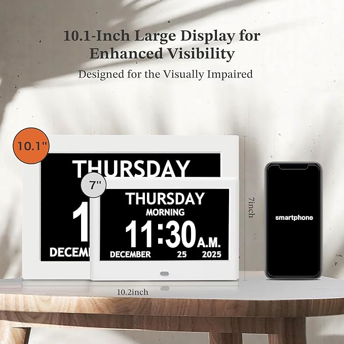 10.1'' Extra Large Digital Clock, 1280*800p HD Display, Dementia Clock For Seniors, Digital Clock With Date, Time, Day Of Week, 10 Reminders & 6 Alarms, Auto Dimming & DST, Remote Control, White