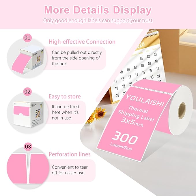 YOULAISHI 3 X 5 Inch Printable Waterproof Rectangle Color Coding Labels, 300 Per Roll Adhesive Color Coding Stickers for Bar-Codes, Address, Small Business Labeling, Inventory, Pink