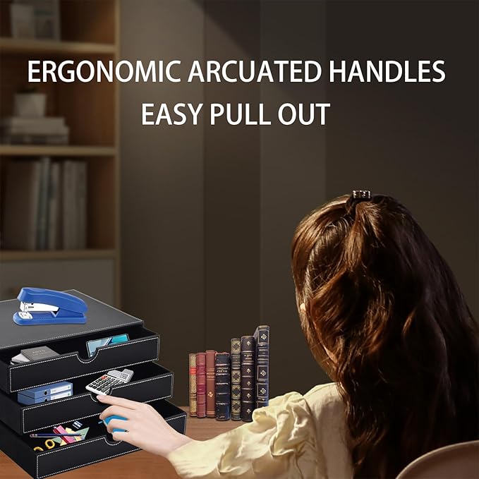 PU Leather Desk Organizer with 3 Drawers,Executive Office Supplies Desktop Filing A4 File Cabinet/Holder for Jewelry/Bill/Paper/Documents/Makeup Home Decor Stationery Storage Box,Black