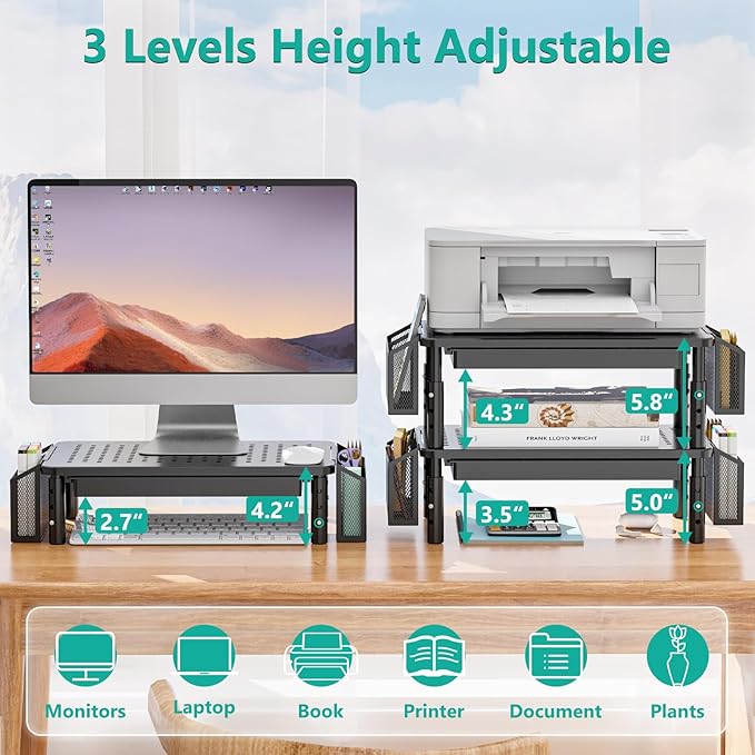 WALI Dual Monitor Stand with Storage, Desk Organizer with Drawer and Pen Holder, Desk Monitor Riser 3 Height Adjustable, Laptop Riser for Computer, Laptop, Printer (STT003DH-2B), 2 Pack, Black