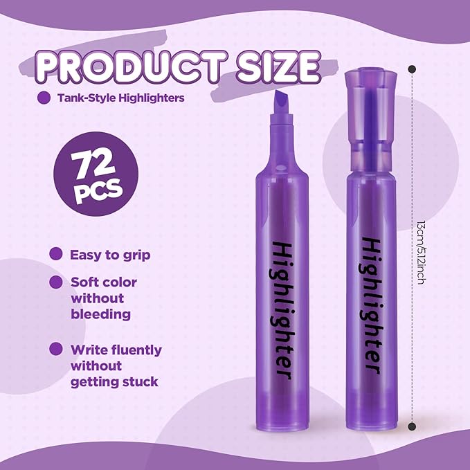 Qilery 72 Pack Highlighters Bulk, Tank Style Chisel Tip Highlighters Markers Pack Quick Drying for Adult Coloring, Home Office Supplies (Purple)