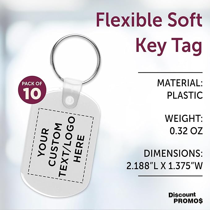DISCOUNT PROMOS Tag Soft Plastic Keychains - 10 pack - Customizable Text, Logo - Small Key Tag Chain For Staying Organized - Rubber Key Ring Keychain – White