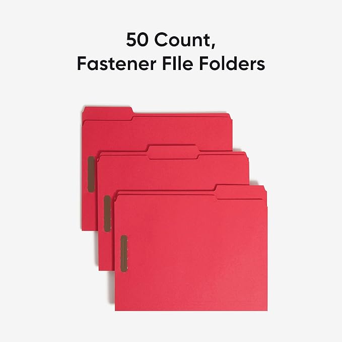 Smead Fastener File Folders, Reinforced 1/3-Cut Tabs, 2 Fasteners, Letter Size, Red, 50 per Box (12740)