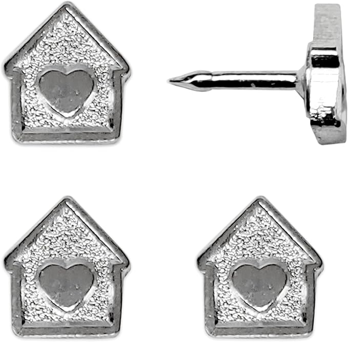 Mini House Push Pins - Silver House Pins - for Cork Board, Maps, or Lapel Pin Use - Designed in USA - Set of 4