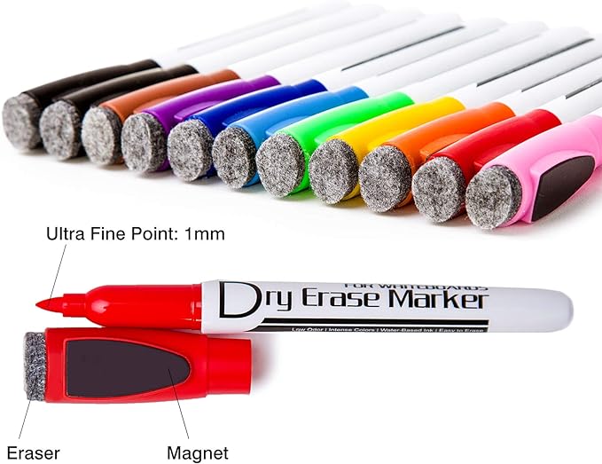 Volcanics Magnetic Dry Erase Markers With Eraser Cap Whiteboard Markers Low Odor Fine Tip Whiteboard Pens for Kids, Pack of 12, Purple