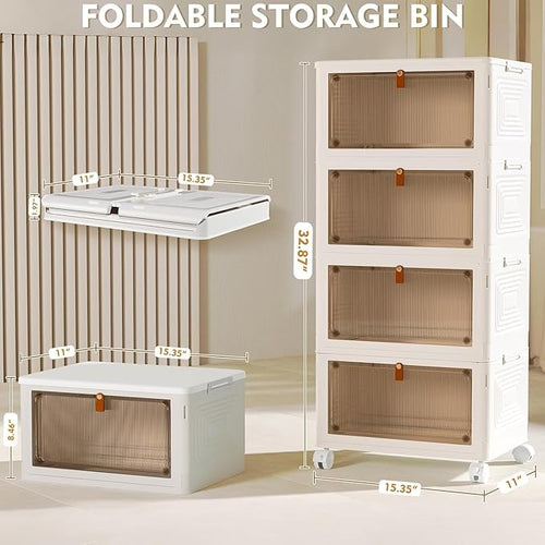 4 Tier Plastic Storage Bins with Lid 23QT, Stackable Storage Containers with Wheels, Folding Storage Boxes, Collapsible Storage Bins, Closet Organizers and Storage for Living Room
