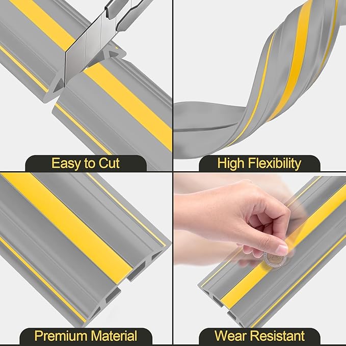 MYFAMIREA 4FT Floor Cord Cover Heavy Duty Cord Cover for Wire on Floor, Outdoor Cable Covers Protector with 3 Channels, Extension PVC Wire Covers Hider Management for Home Office Outdoor, Grey