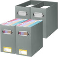 BALEINE File Organizer Box, Cardboard File Folder Organizer with Handle for Letter Size, Portable Collapsible Hanging Filing Box for Home Office Document Storage (4 Pack, Grey)