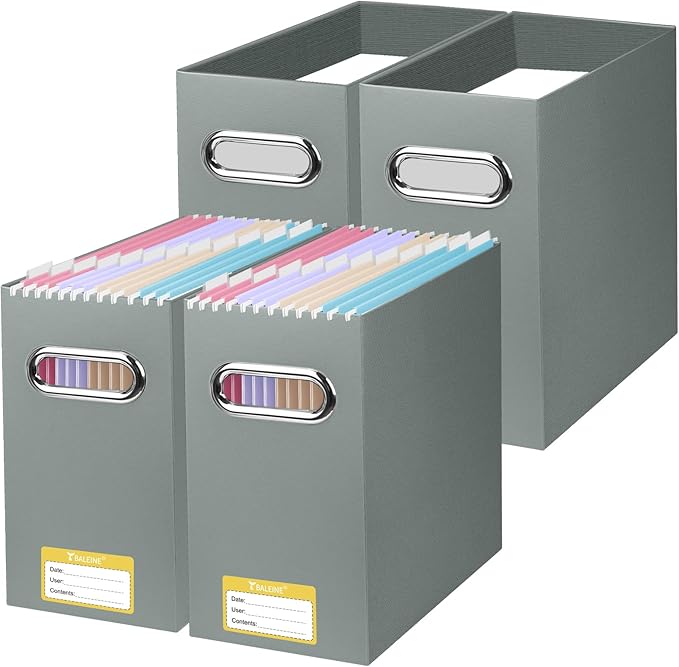 BALEINE File Organizer Box, Cardboard File Folder Organizer with Handle for Letter Size, Portable Collapsible Hanging Filing Box for Home Office Document Storage (4 Pack, Grey)