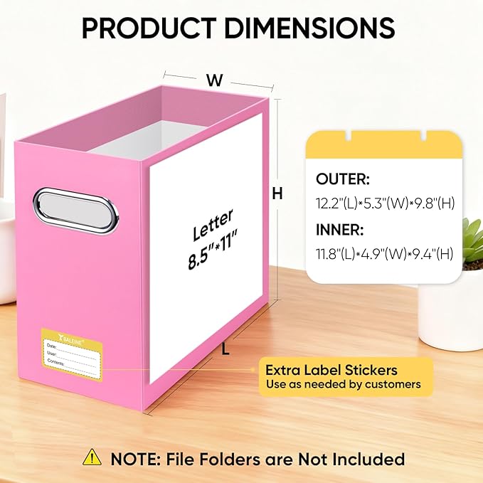 BALEINE File Organizer Box, Cardboard File Folder Organizer with Handle for Letter Size, Portable Collapsible Hanging Filing Box for Home Office Document Storage (2 Pack, Pink)