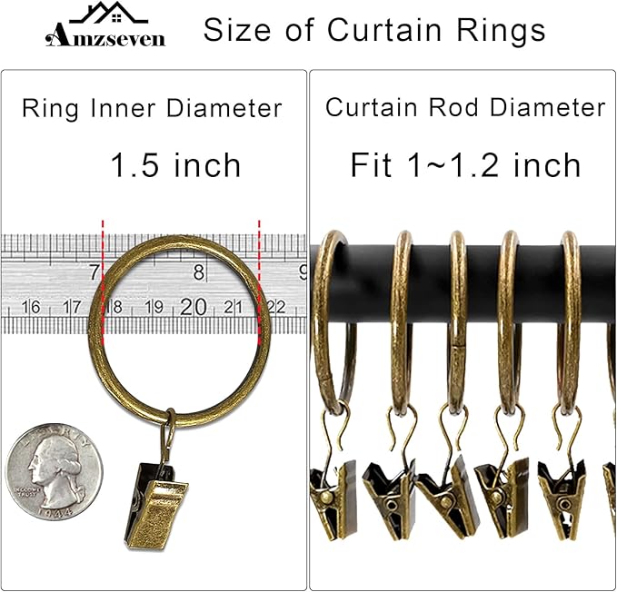AMZSEVEN 40 Pack Metal Curtain Rings with Clips, Drapery Clips Hooks, Decorative Curtain Rod Clips 1.5 in Interior Diameter, Antique Bronze