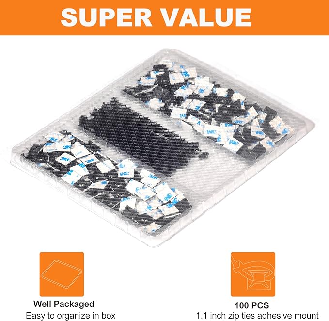 100 Pack 1.1 inch Zip Tie Adhesive Mounts Self Adhesive Cable Tie Base Holders with Multi-Purpose Tie wire clips with screw hole,Anchor stick on wire holder with 8 inch zip ties（Black）