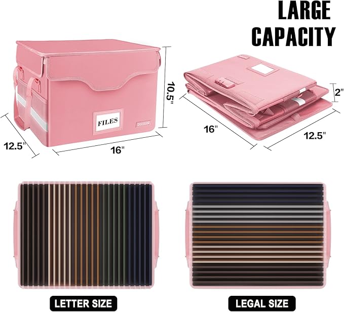 DocSafe Fireproof Document Box with Lock,File Storage Organizer with Zipper Pockets,Collapsible Portable File Box Home Office Safe Filing Cabinet with Handle for Hanging Letter/Legal Folder,Pink