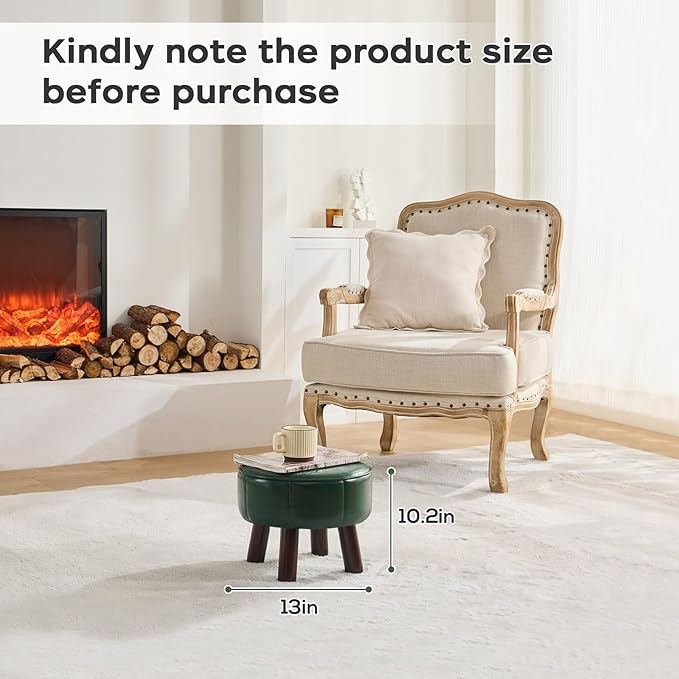 13in Small Foot Stool Ottoman, Round Faux Leather Foot Rest for Couch, Under Desk Pouf Footstool Footrest with Non-Skid Rubber Legs for Ling Room, Bedroom, 13''L x 13''W x 10.2''H, Green
