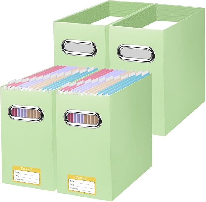 BALEINE File Organizer Box, Cardboard File Folder Organizer with Handle for Letter Size, Portable Collapsible Hanging Filing Box for Home Office Document Storage (4 Pack, Green)