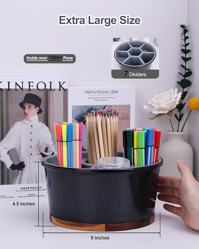 Pen Organizer For Crayon Marker Color Pencil, Lazy Susan Art Supply Storage Organizer, Pen Holder For Desk School Office Home White & Black