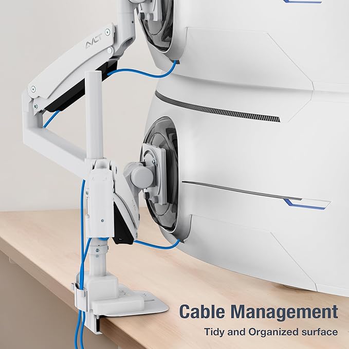 AVLT Dual 57 Inch Heavy Duty Stacking Monitor Arm Pole Top Mount With USB-C USB-A Ports-White, Height Adjustable, Easy Install Top C-Clamp/Grommet With Reinforcement Plates, VESA Compatible 200/100/75