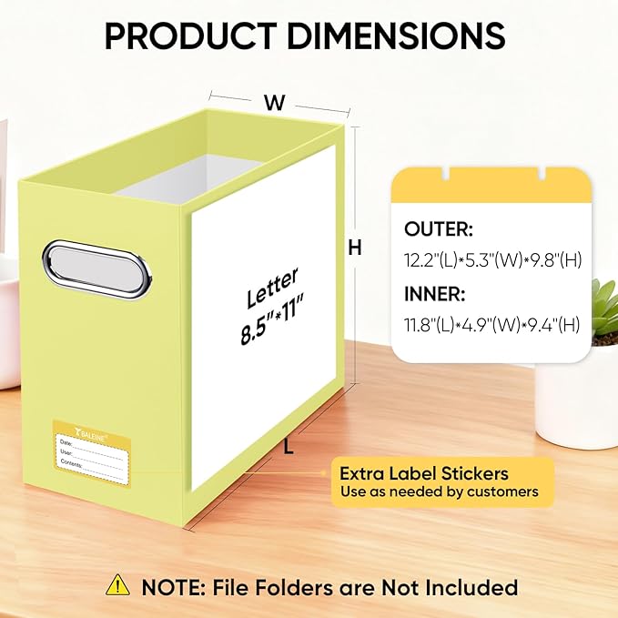 BALEINE File Organizer Box, Cardboard File Folder Organizer with Handle for Letter Size, Portable Collapsible Hanging Filing Box for Home Office Document Storage (4 Pack, Yellow)