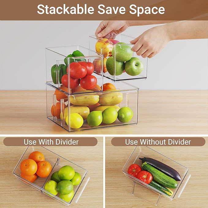 Clear Plastic Storage Bins 6 Pack, Large Stackable Storage Containers with Dividers, Tall 6" Thicken Storage Drawer Organizer Boxes for Pantry Kitchen Cabinets Fridge Vanity Makeup Craft C6-4