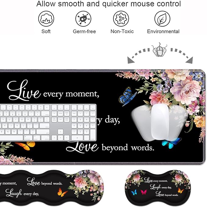 Ergonomic Keyboard Wrist Rest & Mouse Pad Wrist Rest Set, Large XXL Gaming Desk Mat 31.5"x 11.8" with Memory Foam, Easy Typing Pain Relief for Office & Home, Floral Quote Live Laugh Love