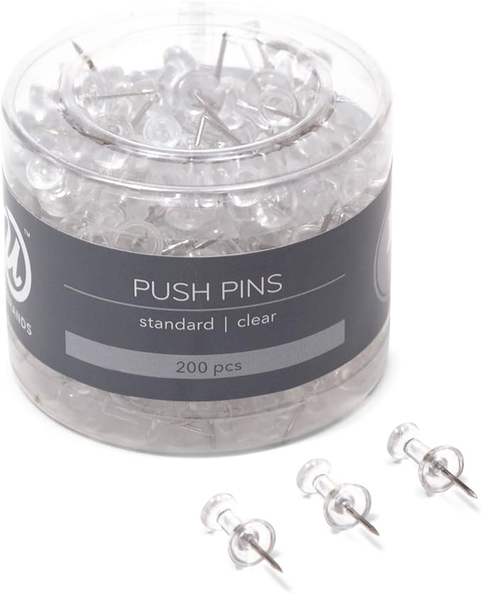 U Brands Push Pins, Clear Plastic Head Thumbtacks, Steel Point, 200-Count