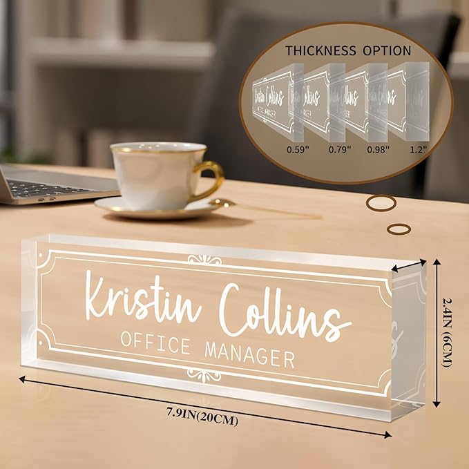 Custom Name Plate for Desk, Personalized Name Plate on Clear Acrylic Glass, Appreciation Gifts for Teacher Employee Boss Coworkers Nurse, Office Desk Accessories for Women Men (Engraved Classic)