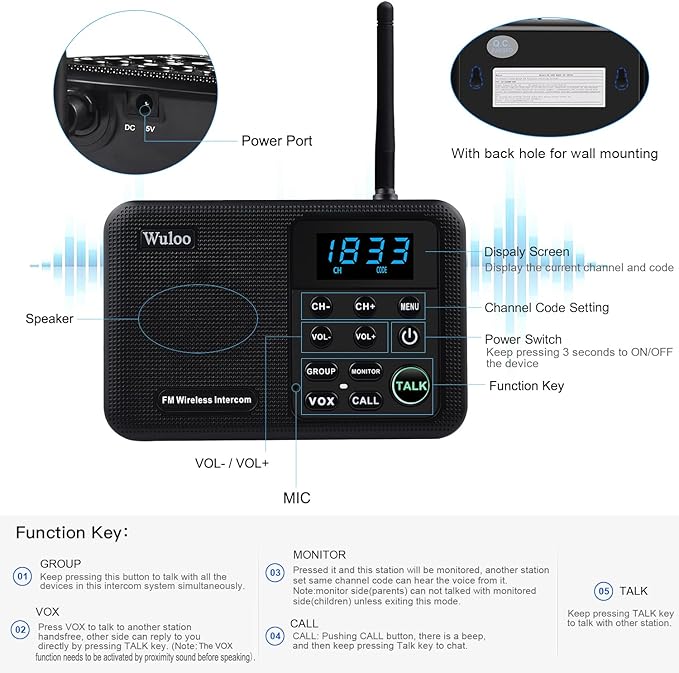 Wuloo Intercoms Wireless for Home 1 Mile Range 22 Channel 100 Digital Code Display Screen, Wireless Intercom System for Home House Business Office, Room to Room Intercom Communication (6 Packs, Black)