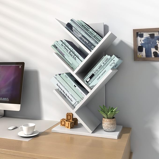 Godferyxin Desk Bookshelf,Small Book Shelf for Desktop,White Floor Standing Bookcase, Wood Book Organizer for Desk,Mini Bookcases Office Home School Shelf Display for Cd/Magazine-White