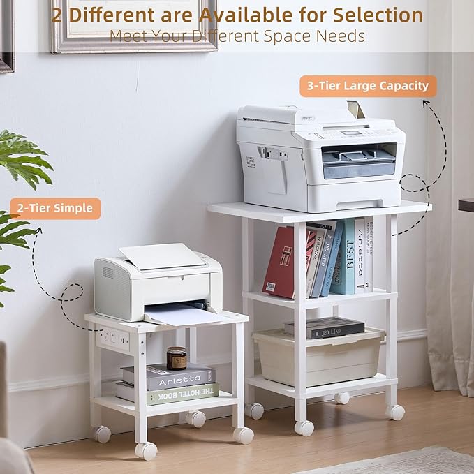 Lerliuo Under Desk Printer Stand with Charging Station, 2 Tier Wooden Small Printer Table with Storage, Rolling Printer Cart Shelf with Lockable Wheels for Home, Office (White)
