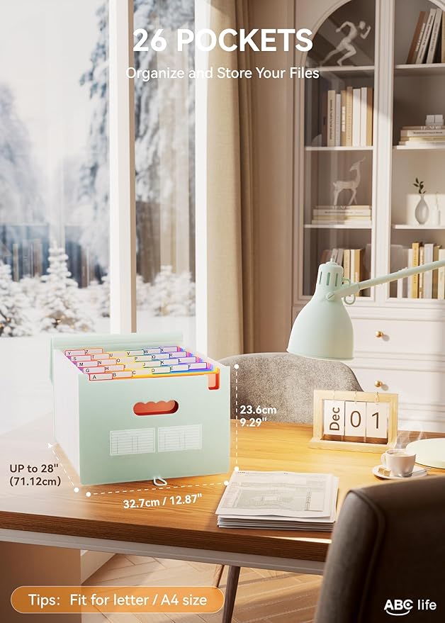 ABC life 26 Pockets Accordion File Organizer, Expanding File Folder, Portable Monthly Paper Bill Tax Receipt Organizer, Letter A4 Size Document Organizer with Blank Labels - Sage Green