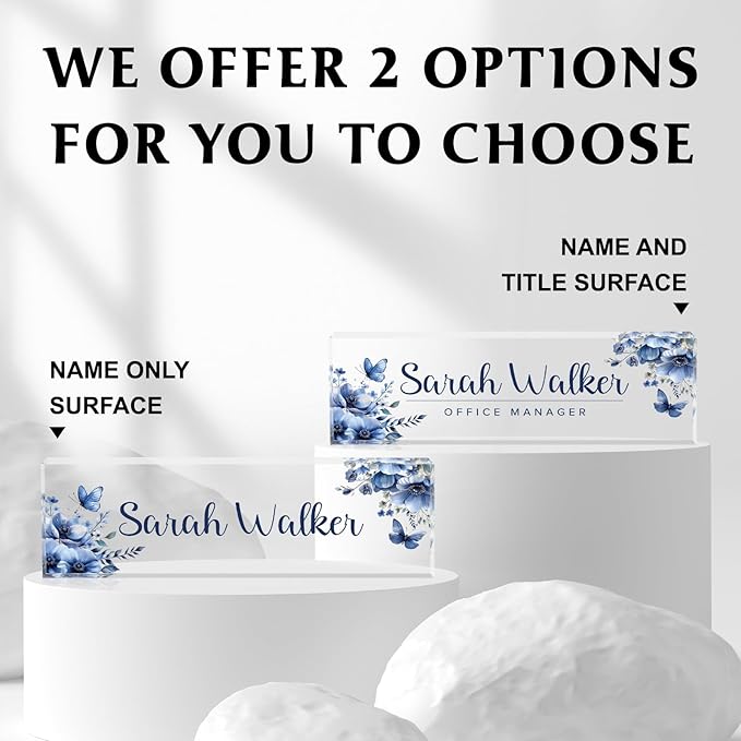 Desk Name Plate Personalized, Custom Name Plates for Desks, Office Desk Decor, Flowers Clear Acrylic Glass Block, Personalized Office Gifts for Women Men Boss Teachers Coworkers Appreciation Gifts