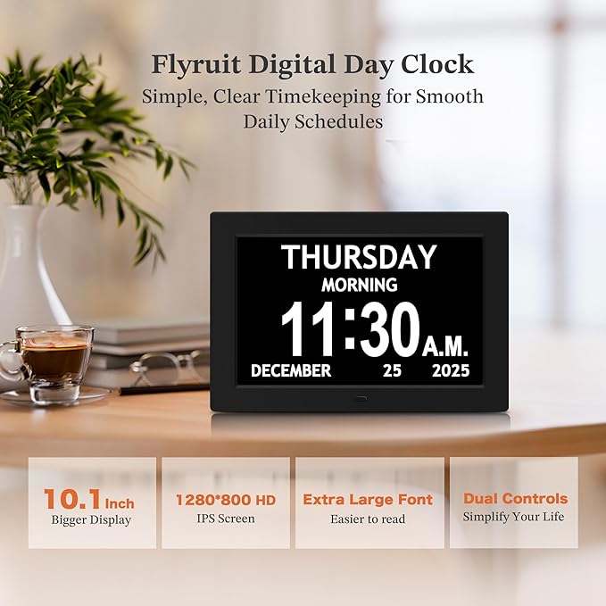 10.1'' Extra Large Digital Clock, 1280*800p HD Display, Dementia Clock For Seniors, Digital Clock With Date, Time, Day Of Week, 10 Reminders & 6 Alarms, Auto Dimming & DST, Remote Control, Black